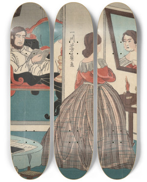 Triptych art skateboard deck of Issen Yoshikazu A Foreigners Eveningstudies by Issen Yoshikazu (1850-1870)