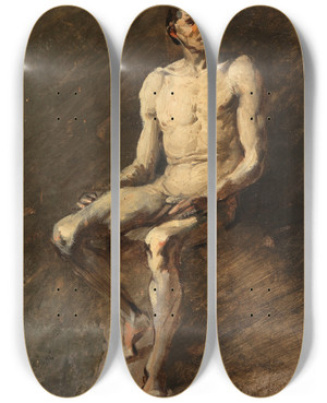 Triptych art skateboard deck of Wilhelm Busch Sitzender Mnnlicher Akt by Wilhelm Busch (1832-1908)