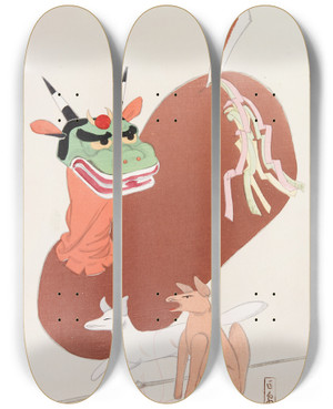 Triptych art skateboard deck of Kawasaki Kyosen Kyosens Collected Illustrations Of Japanese Toys Pl079 by Kawasaki Kyosen (1877-1942)