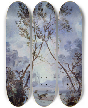 Triptych art skateboard deck of Jos Mara Velasco Flora And Fauna From The Miocene Cenozoic Period Evolution Of Continental Life On Earth by Jose Maria Velasco (1840-1912)