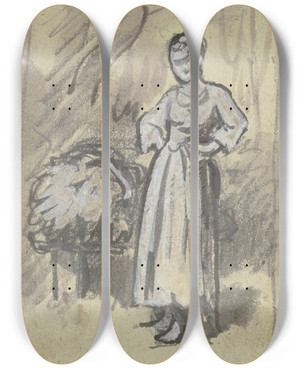 Triptych art skateboard deck of Philipp Rumpf Frau Mit Strohbndel Die Arme In Die Hfte Gestemmt by Philipp Rumpf (1821-1896)