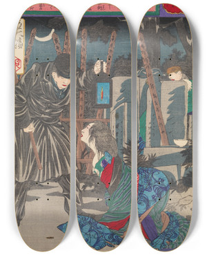 Triptych art skateboard deck of Tsukioka Yoshitoshi A Police Patrol Preventing A Rape In A Graveyard by Tsukioka Yoshitoshi (1839-1892)