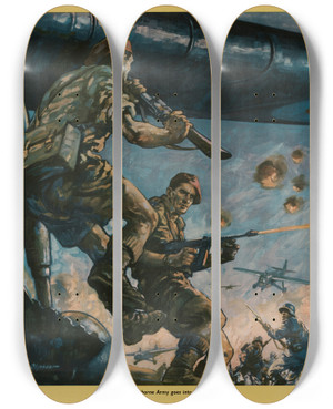 Triptych art skateboard deck of Leslie Oliphant Britains New Airborne Army Goes Into Action In Europe Back Them Up by Leslie Oliphant (20-) Triptych art skateboard deck of Leslie Oliphant Britains New Airborne Army Goes Into Action In Europe Back Them Up by Leslie Oliphant (20-)