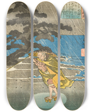 Triptych art skateboard deck of Utagawa Kuniyoshi The Poet Fujiwara No Okikaze by Utagawa Kuniyoshi (1797-1861)