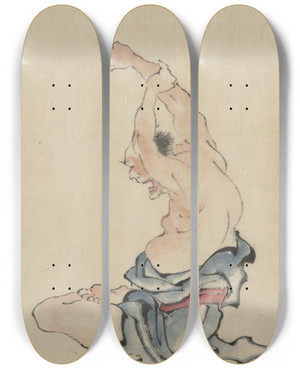 Triptych art skateboard deck of Katsushika Hokusai A Man Barechested Sitting Crosslegged With Arms Raised Over His Head Stretching Or Practicing Yoga by Katsushika Hokusai (1760-1849)
