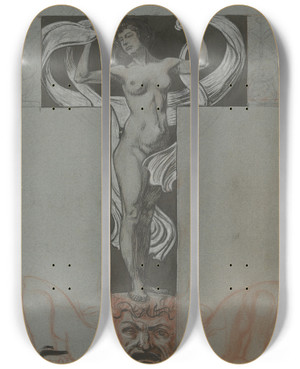Triptych art skateboard deck of Ludwig Raders Stehender Weiblicher Akt Mit Ornamentaler Draperie by Ludwig Raders