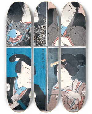 Triptych art skateboard deck of Utagawa Kunisada Toyokuni Iii Four Actors In The Roles Of Natsume Shirosabur Ishid Unemenosuke Katsuragi And Kijin Omatsu by Utagawa Kunisada (Toyokuni III) (1786-1865)