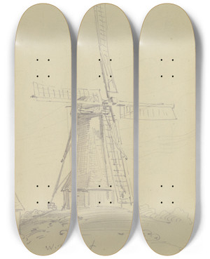 Triptych art skateboard deck of Wilhelm Busch Dutch Windmill by Wilhelm Busch (1832-1908)