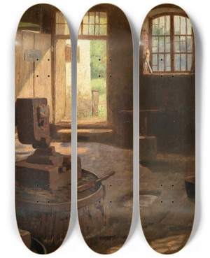 Triptych art skateboard deck of Dominik Skutetzky A View From The Smithy by Dominik Skutetzky (1850-1921)