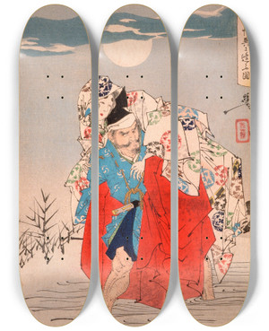 Triptych art skateboard deck of Tsukioka Yoshitoshi Mori Hikoshichi Meets A Demon On The Road by Tsukioka Yoshitoshi (1839-1892)