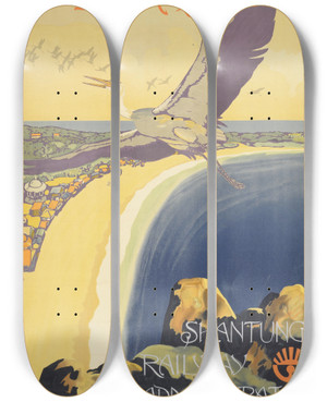 Triptych art skateboard deck of Sugiura Hisui Sant Tetsud Herons by Sugiura Hisui (1876-1965)