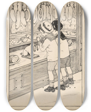 Triptych art skateboard deck of Nelly Spoor Twee Jongens Voor De Etalage Van Een Slagerij by Nelly Spoor (1885-1950)