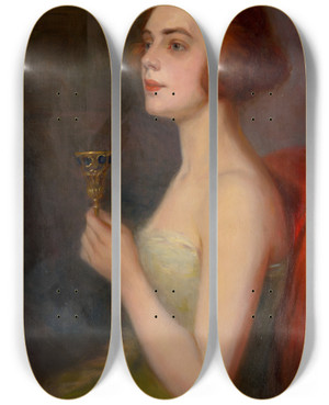 Triptych art skateboard deck of Udovt Pitthordt Woman With A Goblet by udovt Pitthordt (1860-1946)