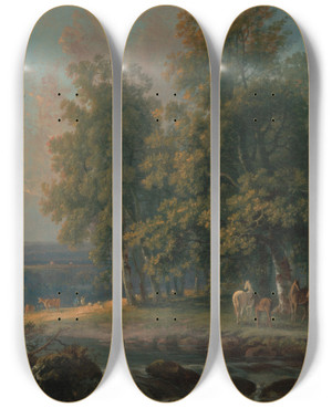 Triptych art skateboard deck of George Barret Horses And Cattle By A River by George Barret (1767-1842)