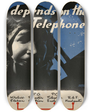 Triptych art skateboard deck of Austin Cooper The Airman Depends On The Telephone by Austin Cooper (1890-1964)