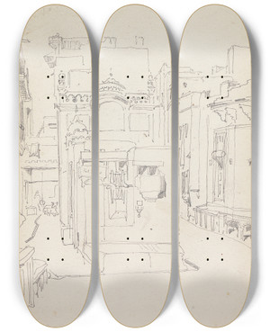 Triptych art skateboard deck of William Simpson Well And Mosque In Lahore 18 March 1860 by William Simpson (1823-1899)