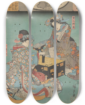 Triptych art skateboard deck of And Hiroshige Two Women Playing A Game by Ando Hiroshige (1797-1858)