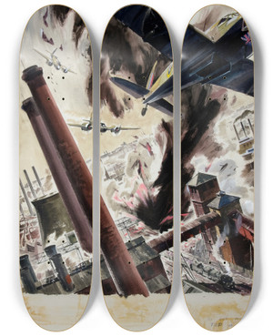 Triptych art skateboard deck of James Gardner Bombing Scene by James Gardner (1907-1995)