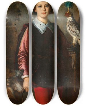 Triptych art skateboard deck of Eugen Felix A Young Falconer by Eugen Felix (1837-1906)