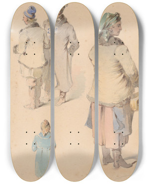 Triptych art skateboard deck of Friedrich Carl Von Scheidlin Costume Studies by Friedrich Carl Von Scheidlin (1822-1913)