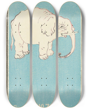 Triptych art skateboard deck of Jinta Hirayama Illustrated Catalogue Of Daylight Bomb Shells No 73 by Jinta Hirayama (19-)