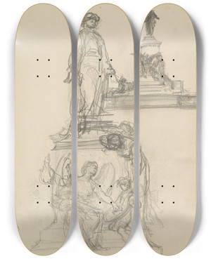 Triptych art skateboard deck of Henryk Siemiradzki Dwa Szkice Pomnika Z Postaci Na Cokole Wok Ktrego Siedz Alegoryczne Postacie by Henryk Siemiradzki (1843-1902)
