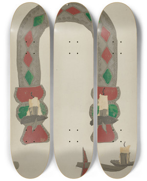 Triptych art skateboard deck of Majel G Claflin Candlestick Sconce by Majel G Claflin (1893-1941)