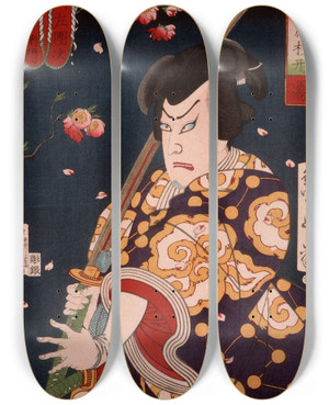 Triptych art skateboard deck of Tsukioka Yoshitoshi Mist The Actor Ichikawa Sadanji As Hoshikage Tsuchiemon by Tsukioka Yoshitoshi (1839-1892)