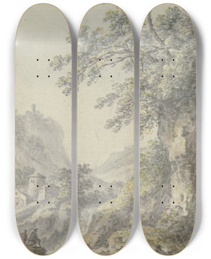 Triptych art skateboard deck of Johann Heinrich Mntz Blick In Eine Berglandschaft Mit Einer Burg Im Vordergrund Ein Hohlweg Mit Drei Figuren by Johann Heinrich Muntz (1727-1798)