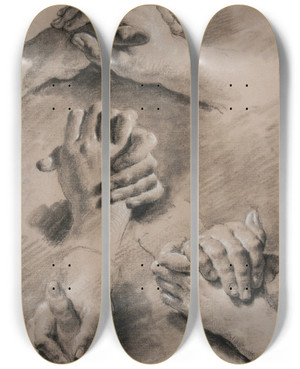 Triptych art skateboard deck of Jacopo Guarana Four Studies Of Clasped Hands by Jacopo Guarana (1720-1808)