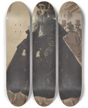 Triptych art skateboard deck of Constantin Guys A Lady In A Bonnet And Coat by Constantin Guys (1805-1892)