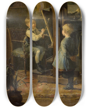Triptych art skateboard deck of Henrijulesjean Geoffroy In The Artists Studio by Henri-Jules-Jean Geoffroy (1853-1924)