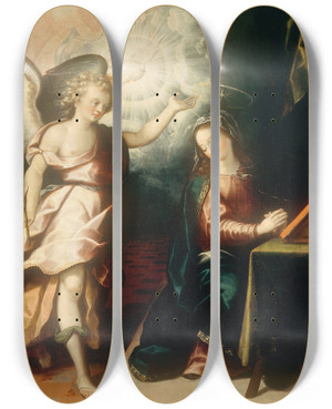 Triptych art skateboard deck of Luis Jurez The Annunciation by Luis Juarez (1585-1639)