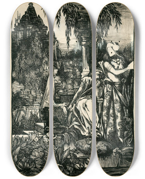 Triptych art skateboard deck of Johannes Josephus Aarts Man En Vrouw Op Oosters Kerkhof by Johannes Josephus Aarts (1871-1934)