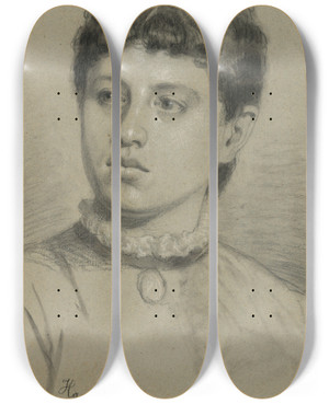 Triptych art skateboard deck of Jozef Hanula A Study Of A Portrait Of A Girl by Jozef Hanula (1863-1944)