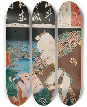 Triptych art skateboard deck of Utagawa Kunisada Toyokuni Iii The Syllable To For Longtailed Rooster Ttenk Actors Ichikawa Ebiz V As Toshibei And Nakamura Utaemon Iv As Sukune Tar by Utagawa Kunisada (Toyokuni III) (1786-1865)