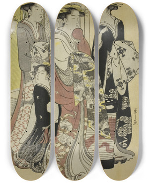 Triptych art skateboard deck of Chbunsai Eishi Sugawara Of The Tsuruya With Attendants Mumeno And Takeno by Chobunsai Eishi (1756-1829)