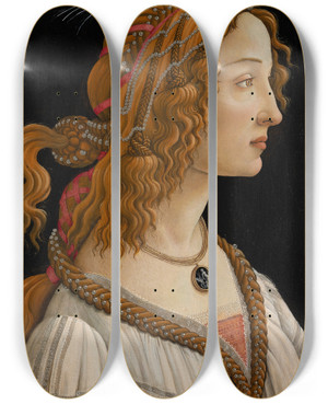 Triptych art skateboard deck of Sandro Botticelli Portrait Of Simonetta Vespucci As Nymph by Sandro Botticelli (1444-1510)