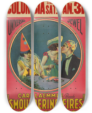 Triptych art skateboard deck of Morgan Litho Co Smouldering Fires by Morgan Litho Co (19-20-)