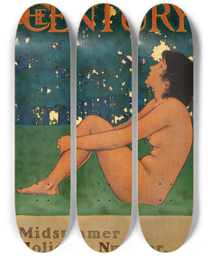 Triptych art skateboard deck of Maxfield Parrish The Century Midsummer Holiday Number August by Maxfield Parrish (1870-1966)