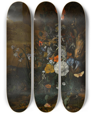 Triptych art skateboard deck of Rachel Ruysch Still Life Of Flowerswith Butterflies Insects A Lizard And Toads Beside A Pool by Rachel Ruysch (1664-1750)
