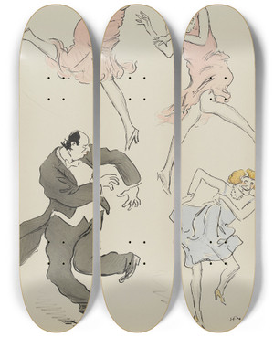 Triptych art skateboard deck of Georges Goursat Sem Maurice De Rothschild Ccile Sorel En Bleu Et Un Personnage Fminin En Rose by Georges Goursat (Sem) (1863-1934)