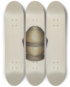 Triptych art skateboard deck of Edward L Loper Wooden Thread Holder by Edward L Loper (1916-2011)