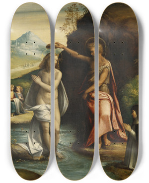 Triptych art skateboard deck of Benvenuto Tisi The Baptism Of Christ by Benvenuto Tisi (1481-1559)