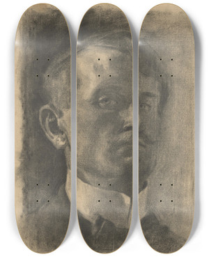 Triptych art skateboard deck of Eduard Putra Head Study Of A Man With A Stiff Collar by Eduard Putra (1883-1915)