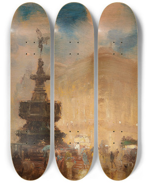 Triptych art skateboard deck of George Hyde Pownall April Weather Piccadilly Circus by George Hyde Pownall (1866-1939)