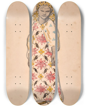 Triptych art skateboard deck of Lon Bakst Peasant Girl In Bast Shoes by Leon Bakst (1866-1924)