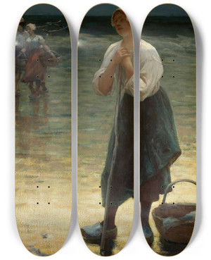 Triptych art skateboard deck of Wadysaw Wankie Breton Fisherwoman by Wadysaw Wankie (1860-1925)