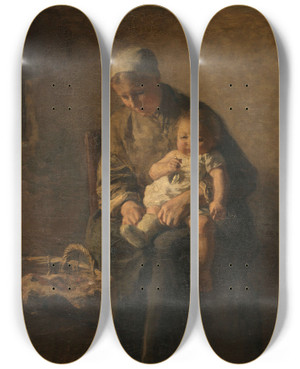 Triptych art skateboard deck of Albert Neuhuys A Mother With Her Child by Albert Neuhuys (1844-1914)
