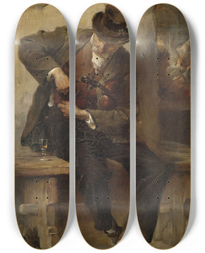 Triptych art skateboard deck of Friedrich Von Keller Straenmusikant Vor Einem Wirtshaus by Friedrich Von Keller (1840-1914)